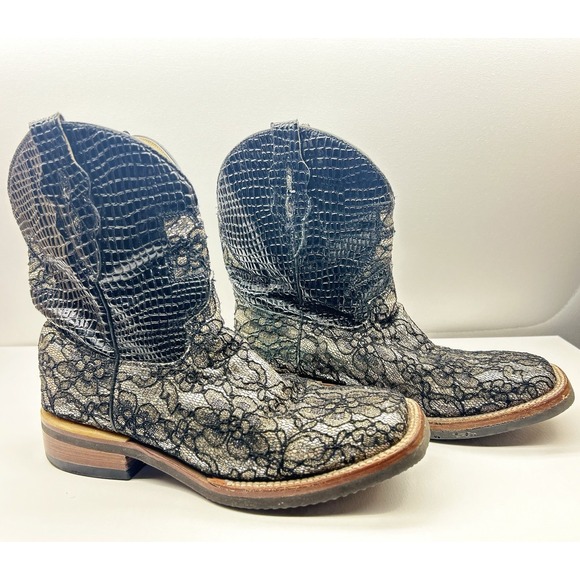 Ferrini 6279334 Womens Floral Black Lace Leather Cowboy Western Boots US 9.5 B - Picture 1 of 12